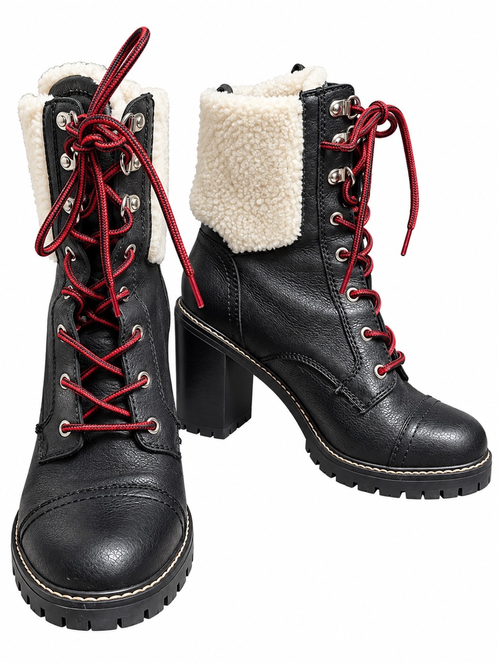Nine West Black Sherpa Lace Up Heeled Combat Boots Size 9.5